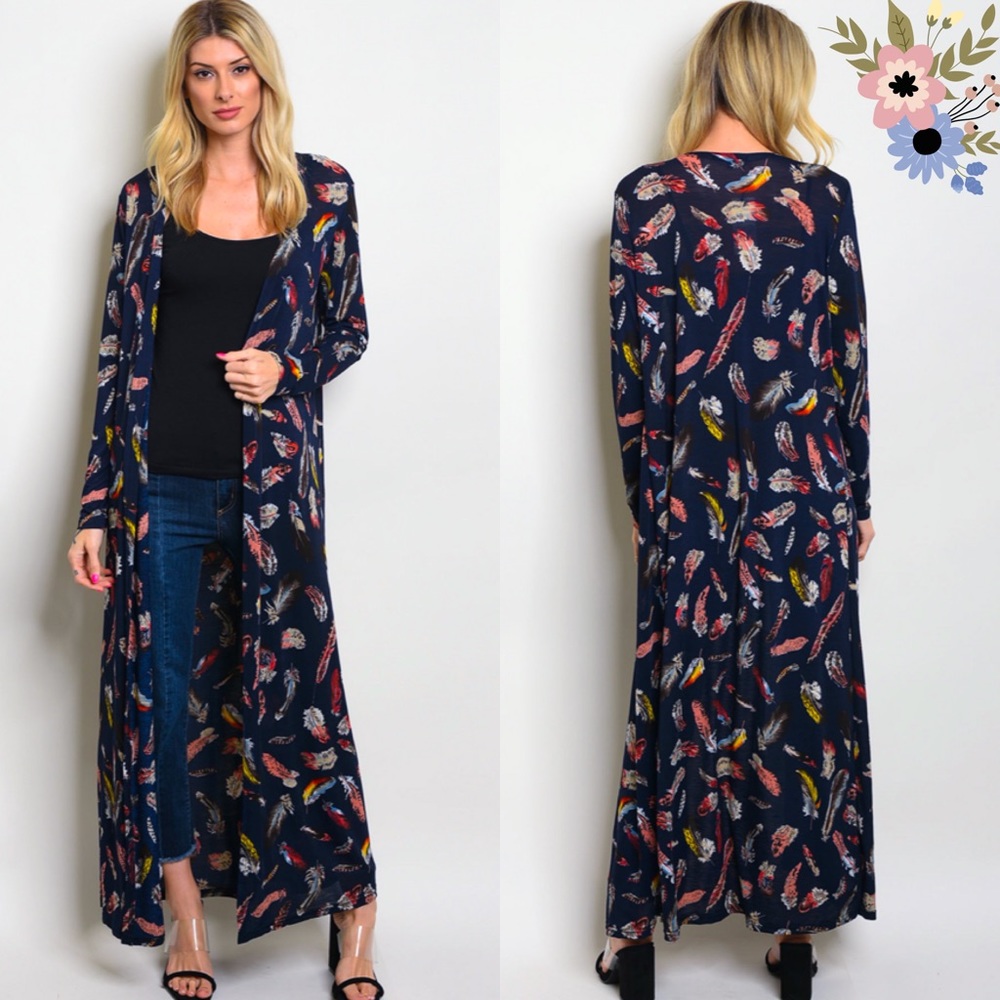 🆕 Navy Maxi Cardigan with Feathers Print; S, M, L